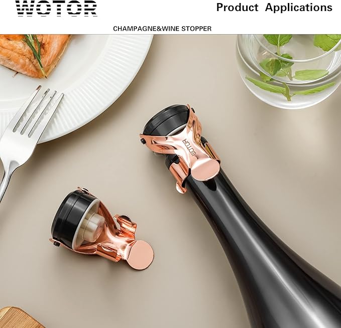 WOTOR Champagne&Wine Bottle Stoppers Stainless Steel with Food Grade Silicone, Leak Proof Keep Fresh Reusable Saver, Cork Suitable for Wine, Champagne, Cava, Prosecco and Sparkling (12 Pack Rosegold)