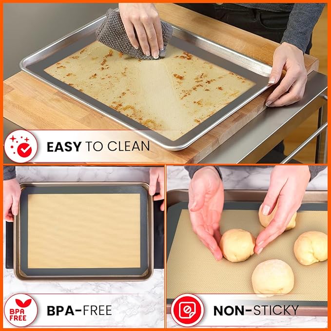 Silicone Baking Mat - 2 Pack Reusable Silicone Baking Sheet Liner for Oven - Half Sheet Nonstick Mat 16.5"x11.6" for Bread, Dough, Macaron, Cookie Cooking Liners for Kitchen Counter Bakery Supplies