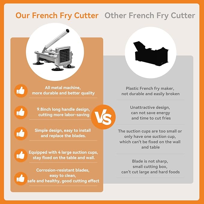 Commercial French Fry Cutter Stainless Steel.Potato Cutter for French Fries with 1/2 and 3/8Inch Blade, Commercial French Fry Cutter Manual Potatoes Cutting Machine with Suction Feet.