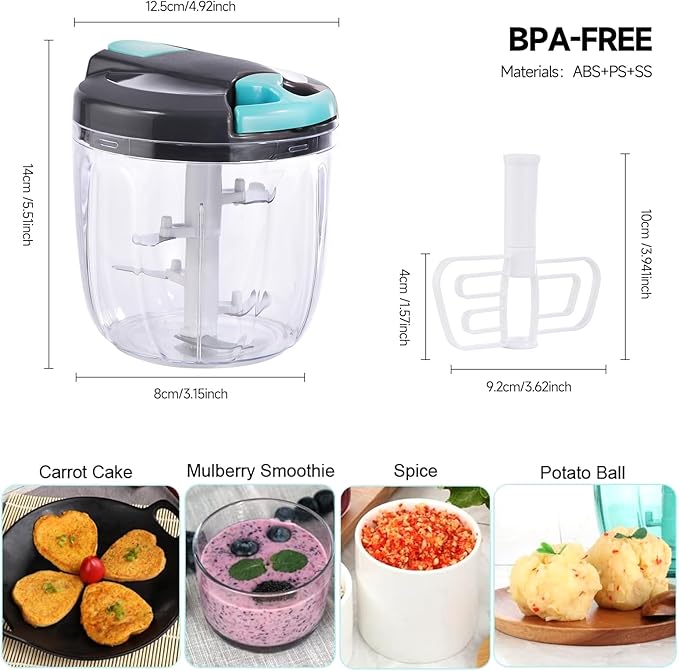 Manual Food Processor Vegetable Chopper, Portable Hand Pull String Garlic Mincer Onion Cutter for Veggies, Ginger, Fruits, Nuts, Herbs, etc., (900ml,Gray-blue)