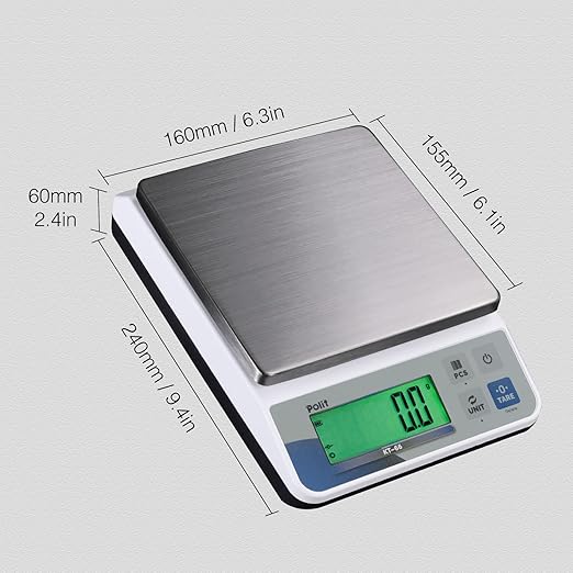 Polit KT-66 Digital Kitchen Scale 18lb/8000g|0.02oz/0.5g Precision Food Scale with LCD Display|Battery or Plug-in|Stainless Steel Top|Grams & Ounces|5 Units for Baking, Cooking, Farming & Shipping