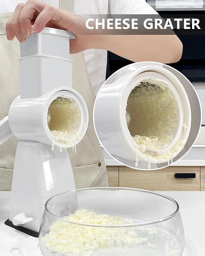 3-in-1 Rotary Cheese Grater Handheld, Lightweight Body with 3 Stainless Steel Blades & Non-Slip Suction Base, for Shredding Parmesan, Slicing Vegetables, Grating Chocolate(White)