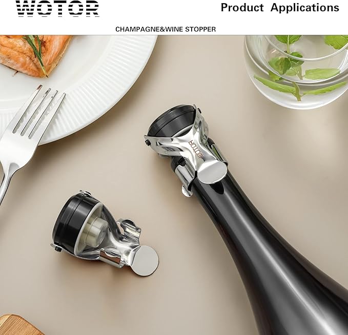 WOTOR Champagne&Wine Bottle Stoppers Stainless Steel with Food Grade Silicone, Leak Proof Keep Fresh Reusable Saver, Cork Suitable for Wine, Champagne, Cava, Prosecco and Sparkling (2 Pack Silver)