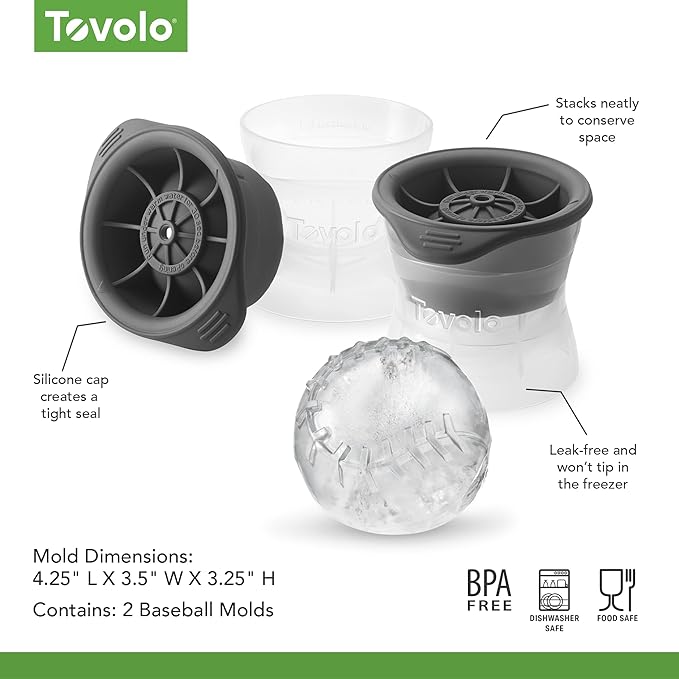 Tovolo Baseball Ice Molds Pack of 2 Large Craft Ice Mold Spheres for Whiskey Bourbon Cocktails, Dishwasher Safe BPA Free Silicone Baseball Ice Sphere Fun Gifts for Baseball Fans Coaches Fathers Dads