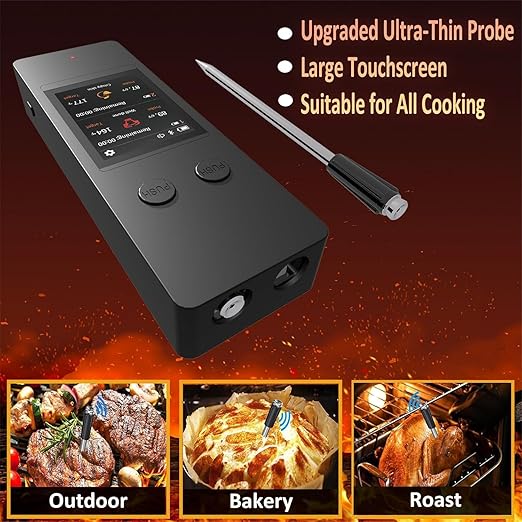 800FT Wireless Meat Thermometer Digital with 2 Upgraded Ultra-Thin Probe, Large Touchscreen, Kitchen Food Thermometer for Cooking Oven, Smoker, Rotisserie, BBQ(No App to Download)