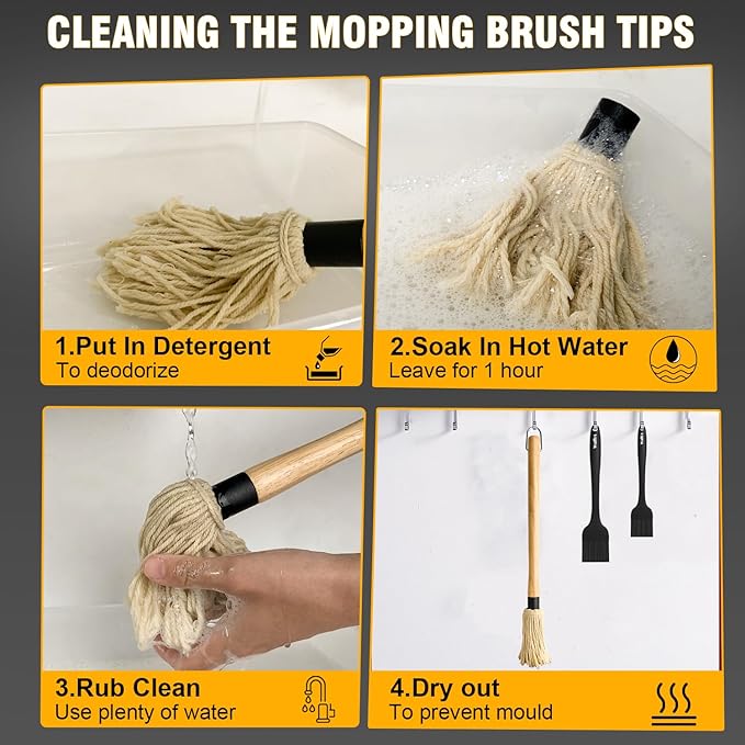 Walfos Basting Brush Silicone and BBQ Mop, Grill Basting Mop with 3 Heads and 2Pcs Pastry Brushes, Wooden Long Handle, Heat Resistant for Grilling, Smoking Steak, Kitchen Cooking (18")