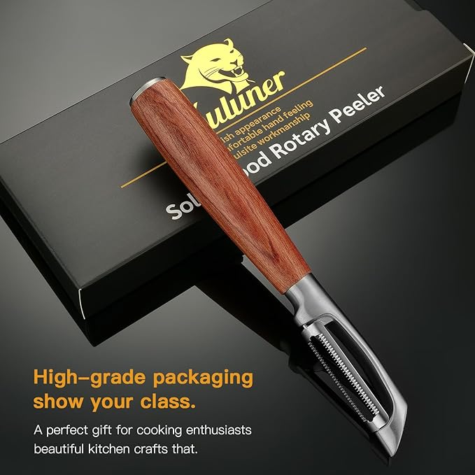 KULUNER,Premium High-End Rosewood Handle and 304 Stainless Steel Serrated Blade - An Ultra-Sharp Rotating Peeler for Potatoes, Fruits, and Vegetables, Ergonomically Designed for Easy Peeling.