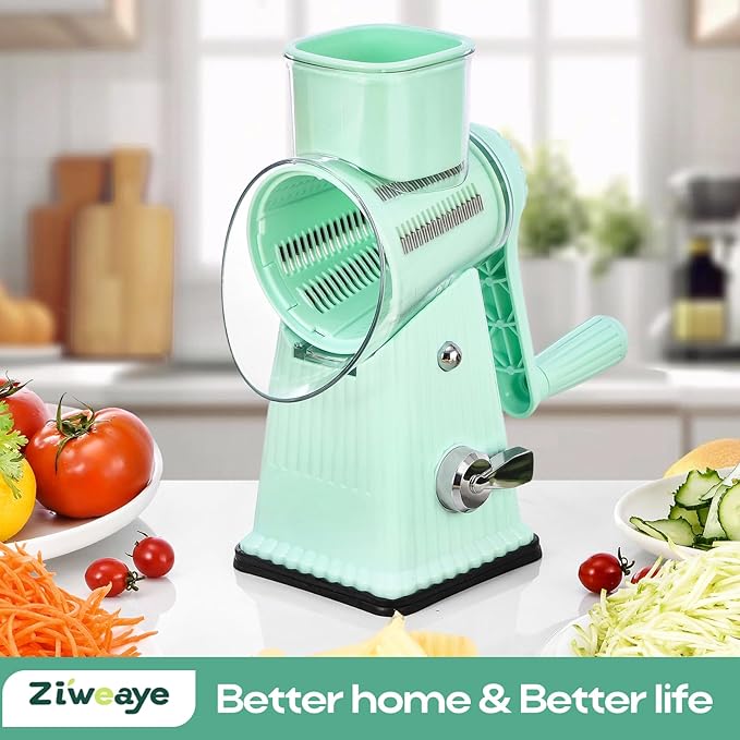 Xilrvna Rotary CheeseGrater, Vegetable Shredder 5 in 1 CheeseGraterwithHandleedderReinforcedSuction,EasytoClean,KitchenChopperforCrushed Ice,Fruits and Nuts with Blade Storage Case(Green)