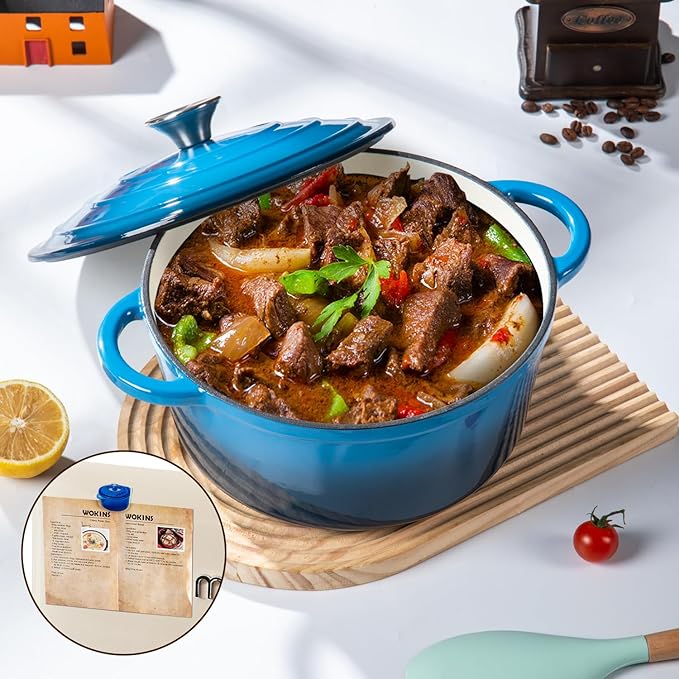 Enameled Cast Iron Dutch Oven Pot with Lid Heavy-Duty Cookware for Bread Baking, Braising, Stews, Roasting,5.5QT,blue