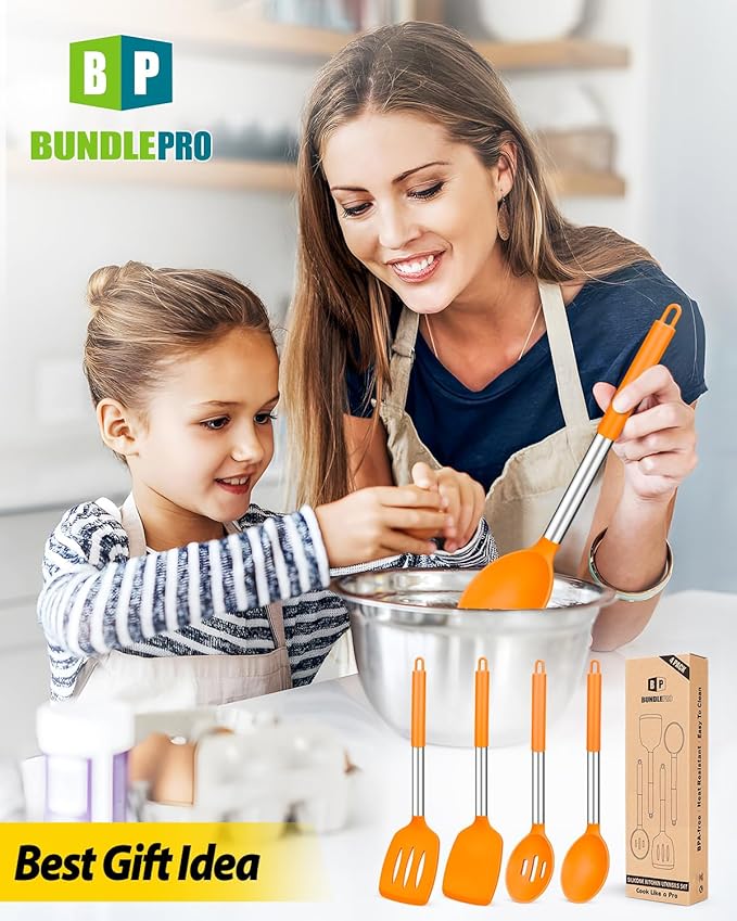 Pack of 4 Silicone Cooking Utensils Set, Non Stick Large Solid Spatulas, Heat Resistant Slotted Spoons, Ideal BPA Free Kitchen Turners for Frying, Mixing,Serving,Draining,Turning,Stirring (ORANGE)