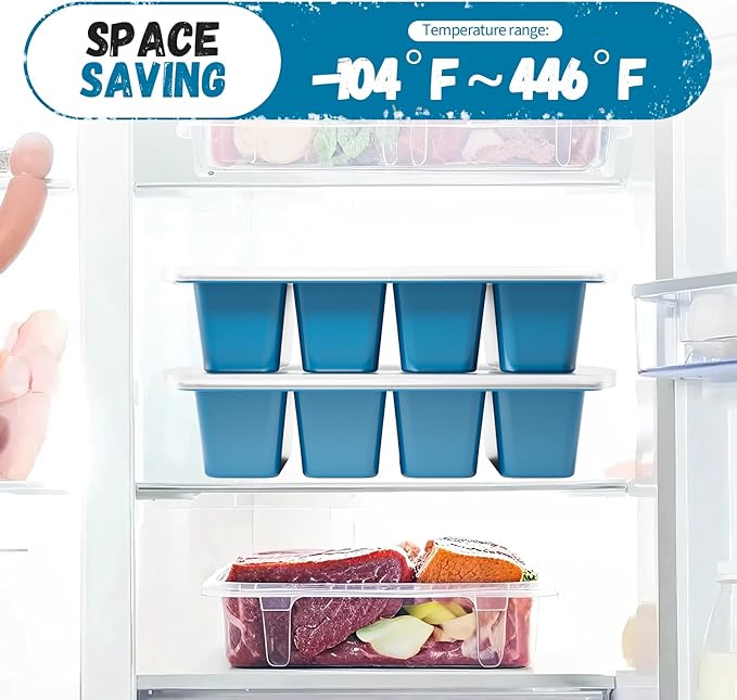 Silicone Freezer Tray With Lid, 8 Large 1 Cup Soup Freezer Molds, Soup Freezer Container for Meal Prepping, Large Ice Cube Tray, Perfect for Storing Leftovers, Sauces, Lasagna, 2-Pack
