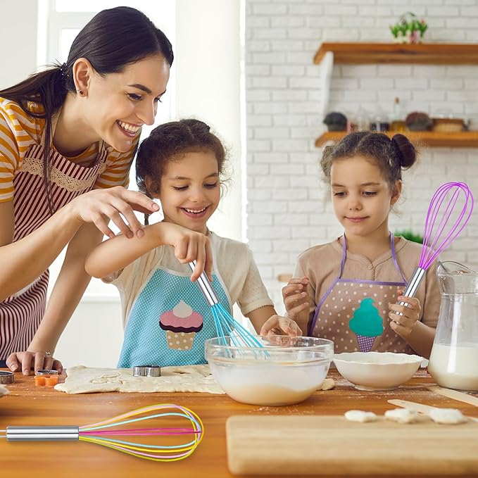 Domensi 8 Pcs 8 Inch Whisks Bulk for Cooking Silicone Whisks Non Scratch Stainless Steel Hand Coated Metal Heat Resistant Egg Beaters for Classroom Cook Party Favor Gift Supplies