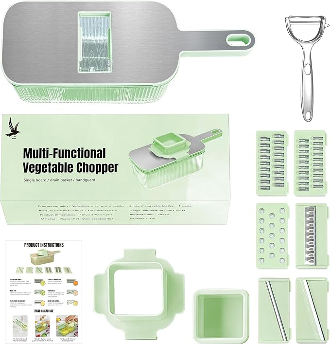 Multifunctional Mandoline food Slicer & Vegetable Chopper with Container โ 6-in-1, mandolin, Cutter, Grater, Potato Slicer, Tomato Cutter, Cabbage Shredder & Fruit/Veggie Shredder -Safe & Easy to Use