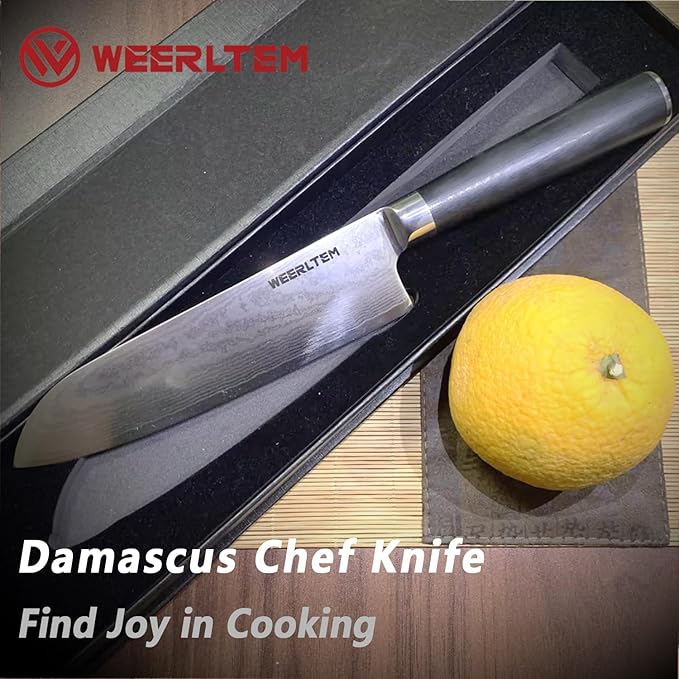 Japanese Damascus Santoku Chef Knife 7''(Mirror finish blade), 67-Layer VG10 Damascus steel & Black G10 Handle for Cooking Kitchen (Gift Box)