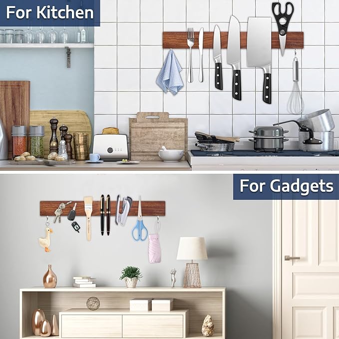 Dmore magnetic knife holder for wall—with 2 hooks, No Drilling 16 Inch walnut knife magnetic strip, Powerful knife magnet rack, include Adhesive Tape and screws for Knives, Utensils, and Tools