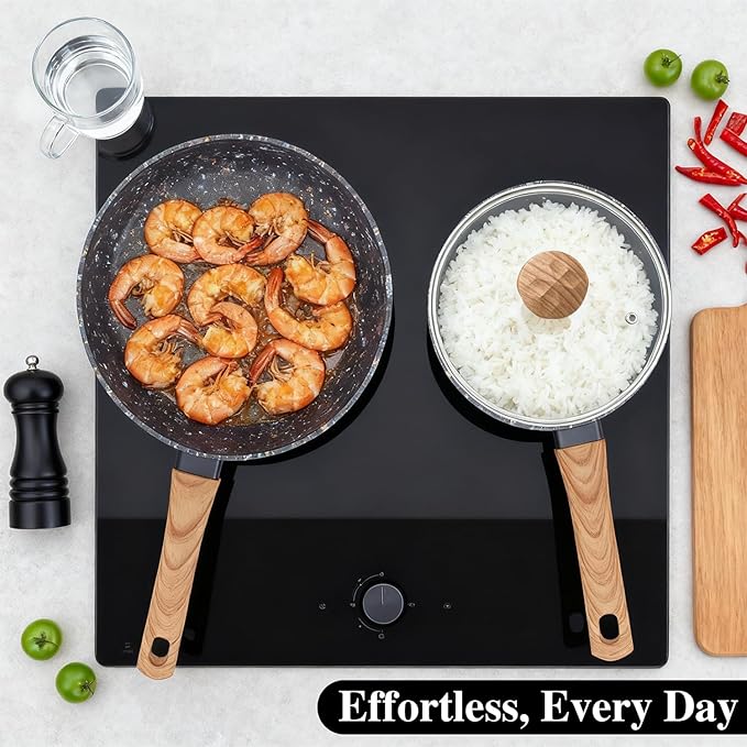 3-Piece Nonstick Pots and Pans Set with Lids, Includes 8.5 Inch Frying Pan 1.5Qt Saucepan and 2.2Qt Stock Pot, PFOA Free Dishwasher Safe Induction Compatible Family Cookware, Black