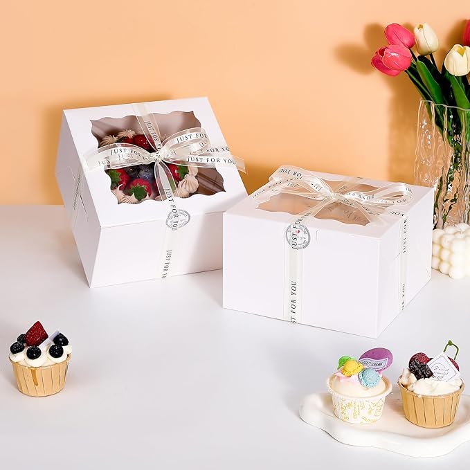 6x6x5 Cake Box, 28 Sets White Cake Box with Window & 28Sets 6" Cake Round Boards, 6inch Cake Containers. (White, 665inch/28pcs)