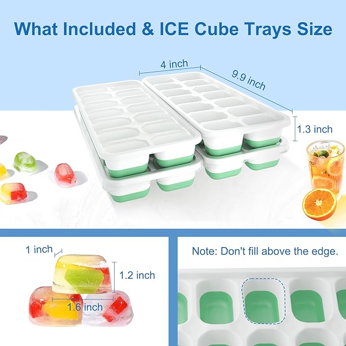 Ice Cube Tray, Ice Cube Trays for Freezer 4 Pack with Lids, Ice Tray Easy-Release, Ice Trays for Freezer Stackable, Silicone Ice Cube Tray for Drinks, Coffee - BPA-Free and Odor-Free