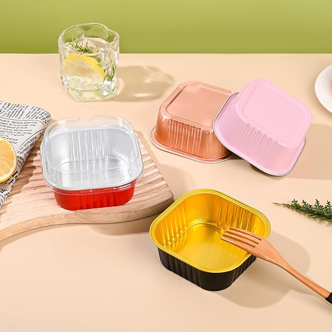 Mini Cake Pans With Lids (10oz,40 Pack) Aluminum Foil Square Cupcake Liners Brownie Baking Cups,Disposable 4βx4β Large Cupcake Pan,Jumbo Muffin Tin Ramekins Holders