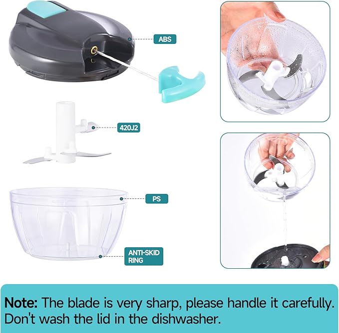Manual Food Processor Vegetable Chopper, Portable Hand Pull String Garlic Mincer Onion Cutter for Veggies, Ginger, Fruits, Nuts, Herbs, etc., 500ml,(Gray-blue)