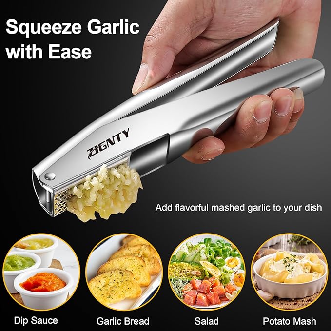 Professional Garlic Press Stainless Steel,No Need to Peel Garlic Mincer Tool with Large Trough, Dual Lever-Assisted Garlic Presser & Masher Easy Clean, Garlic Crusher Dishwasher Safe Rust Proof