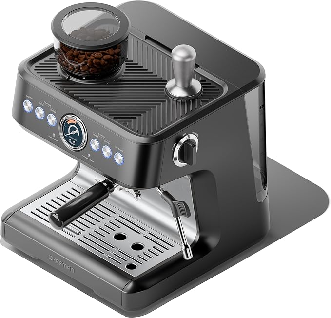 Chefman Crema Deluxe Espresso Machine with Double Boiler, Use Milk Frother and Brew Espresso Simultaneously, Professional Coffee Maker with Coffee Grinder and Steam Wand, 30 Grind Settings