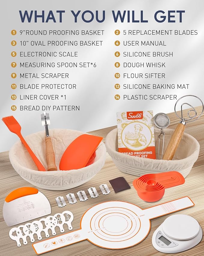 30-Pcs Sourdough Bread Baking Supplies - Sourdough Starter Kit | Including 9 inch Round and 10 inch Oval Banneton Proofing Basket,Precision Measuring Spoons,Electronic scales
