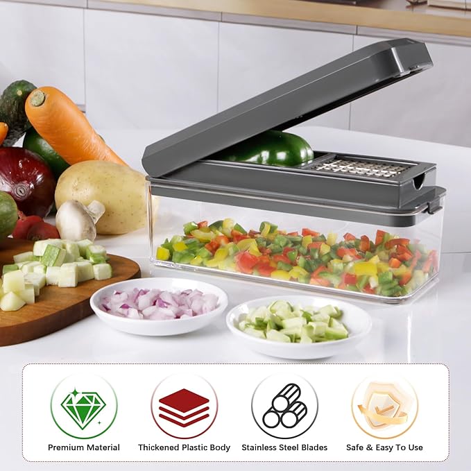 Vegetable Chopper, Onion Chopper Dicer, Mandoline Slicer with Container, Vegetable Cutter for Salad Potato Carrot Garlic(2 Blades, Grey)