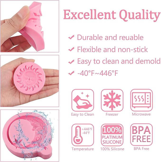 Greek Sun God Fondant Molds 4pcs, Moon Star Cake Decorating Silicone Molds, Chocolate Candy Clay Molds for Cupcake Toppers, Resin Crafts, Modeling Clay, Candles, Marzipan, Cookies, Dough, Flower Paste