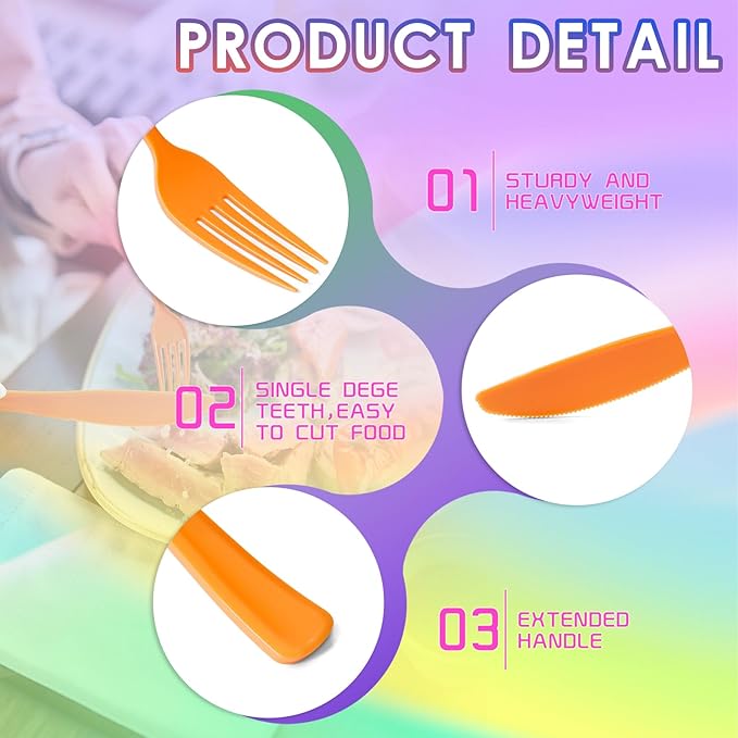 300 Pack Neon Party Disposable Plastic Silverware Heavy Duty, Plastic Cutlery Set, Forks and Spoons Knives Set for Birthday Party Prom Night, Weddings(Orange,Green, Hot Pink, Yellow Colors)