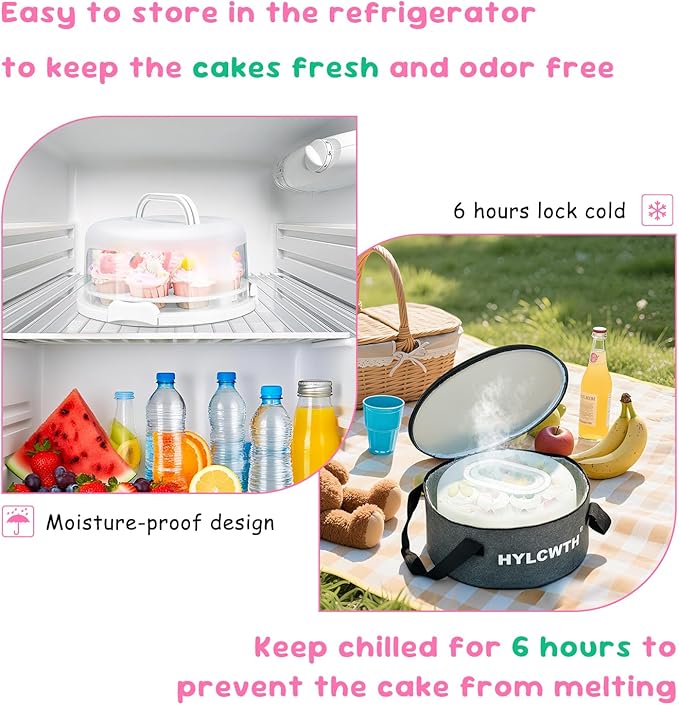 Cake Carrier With Lid And Handle, Bpa-Free Cake Holder With Lid For 10 Inch Round Cake Carrier With 10 pcs Round Golden Cake Boards And Portable Insulated Bag(White)