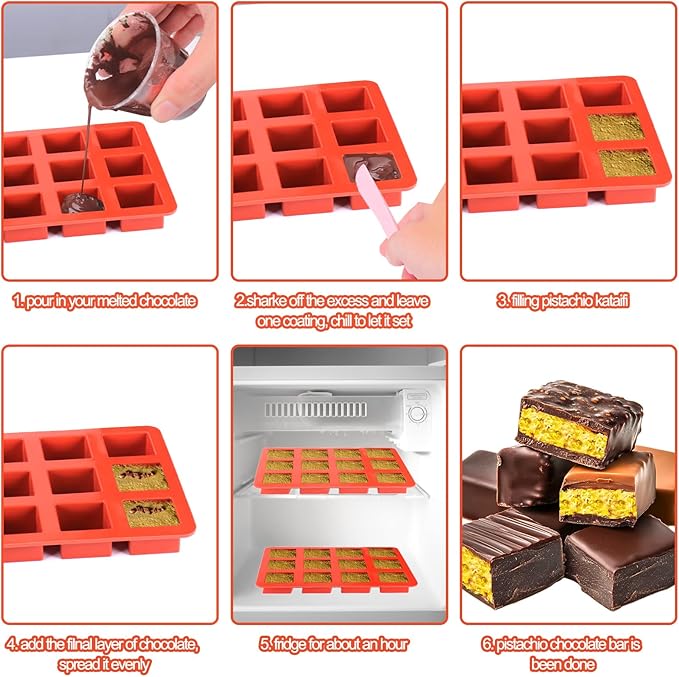 Mity rain Chocolate Bar Mold Deep, Silicone Dubai Chocolate Bar Pistachio Molds with Bags Scraper, Square Fix Chocolate Bar Dubai Candy Bar Mold for Filling Knafeh Pistachio Cream(1pc)