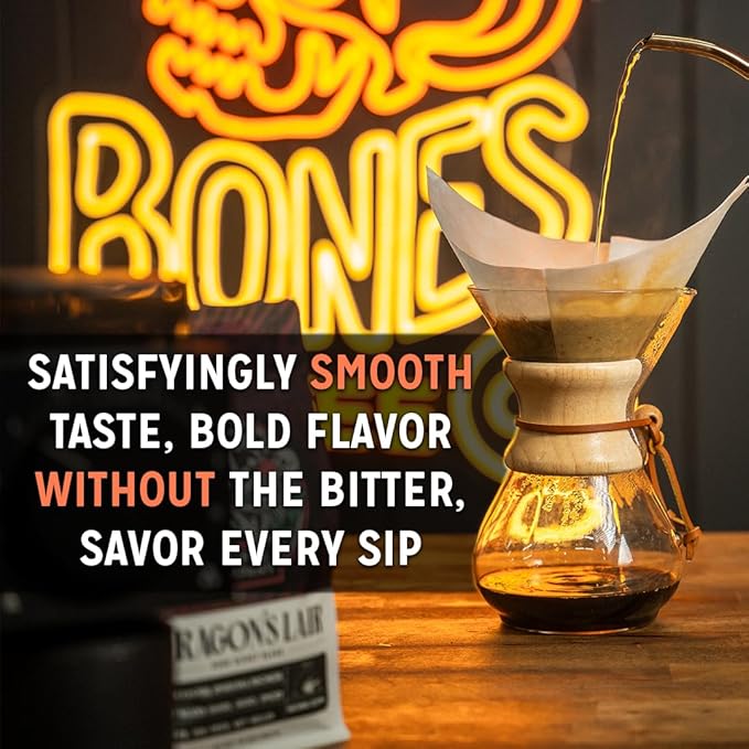 Bones Coffee Company Highland Grog, Butterscotch Caramel Flavored Coffee, Medium Roast Low Acid Arabica Beans Compatible with Auto drip and French Press Coffee Maker, 12 Oz Whole Bean