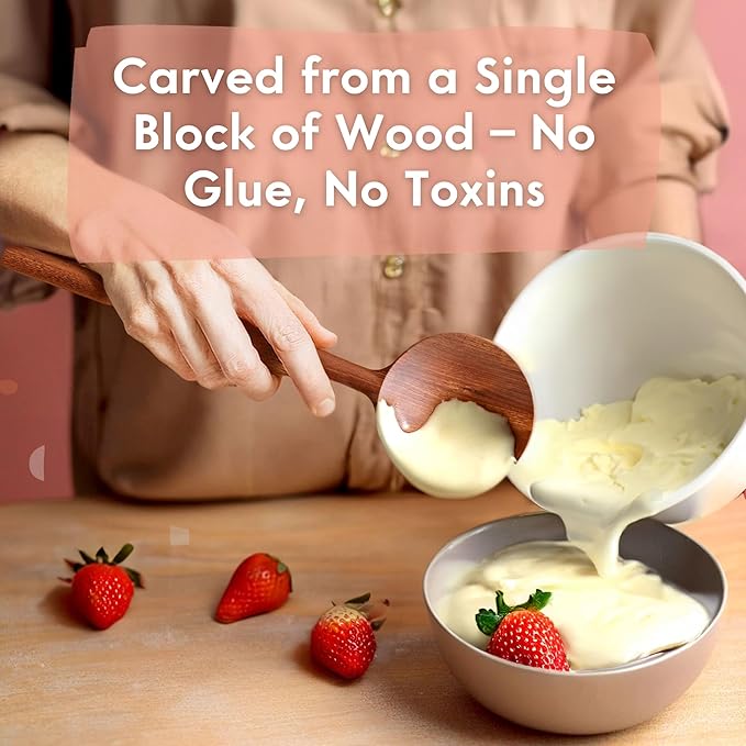 Non-Toxic Cooking Utensils โ 6-Piece Kitchen Utensils Set, Glue-Free & One-Piece Wooden Spoons for Cooking, Natural Wooden Utensil Set with Plant-Based Finish, Free of Forever Chemicals