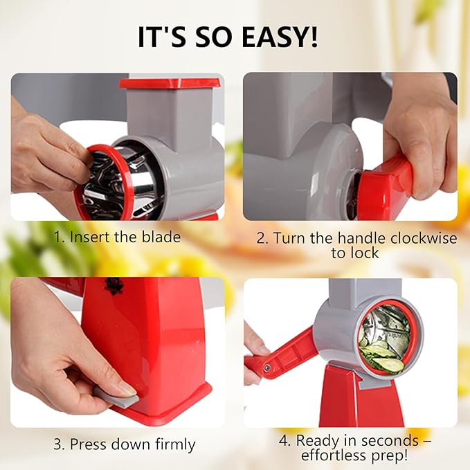 4-in-1 Rotary Cheese Grater Handheld, Lightweight Body with 4 Stainless Steel Blades & Non-Slip Suction Base, for Shredding Parmesan, Slicing Vegetables, Grating Chocolate(Red)