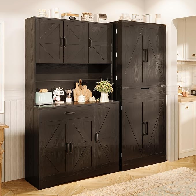 71" Kitchen Pantry Cabinet with Charging Station, Buffet Sideboard for Coffee Maker & Toaster, Storage Cabinet for Snacks, Spices & Wine, Fits Kitchen, Dining Room & Coffee Bar,Black wood grain