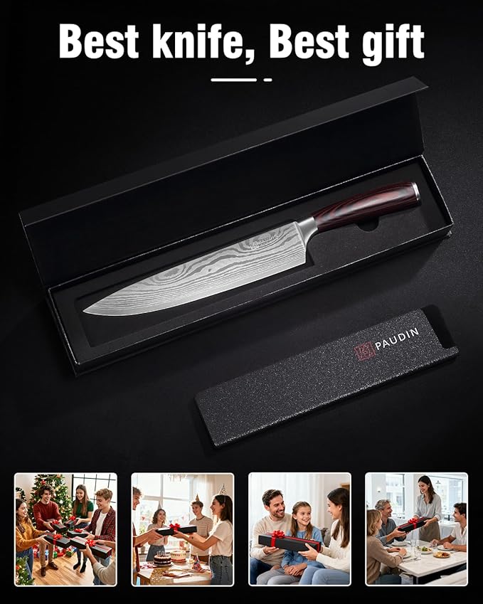 PAUDIN Chef Knife - 9 Inch Sharp Kitchen Knife with Sheath, High Carbon Stainless Steel Japanese cooking knives with Ergonomic Handle, Premium Gift Box
