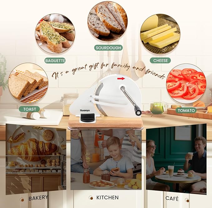 Huanyu Manual Bread Slicer Upgrade Foldable Sourdough Cutter Versatile Hand Crank Slicers Stainless Steel Blade Adjustable Thickness with Scale Line&Suction Cup for Homemade & Commercial Use (White)