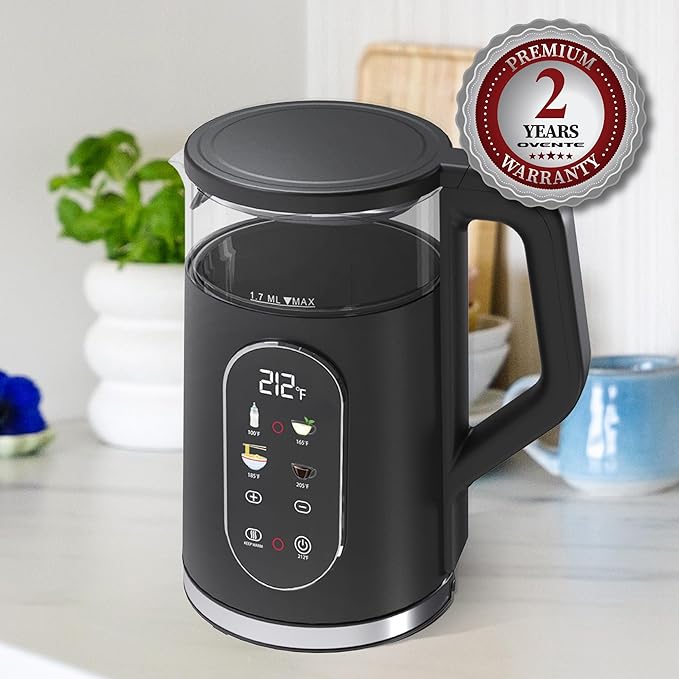 OVENTE Electric Kettle, 1.7L Fast Boiling Water Heater with Digital Touchscreen, Double-Wall Cool Touch Exterior, 5Hr Keep Warm, Auto-Shut Off, Boil-Dry Protection and Borosilicate Glass, Black KD96B