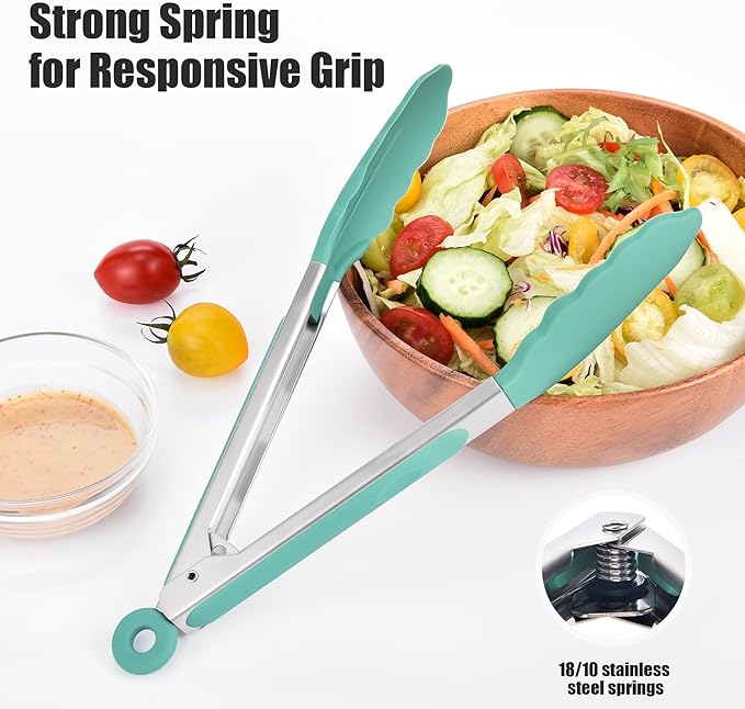 Doosu Kitchen Tongs for Cooking - 600°F Heat Resistant Food Tong Set with Non-Scratch Silicone Tips, Heavy Duty Stainless Steel Locking Tong for BBQ, Grilling Steak, Serving Salad (9+12in, Aqua Sky)