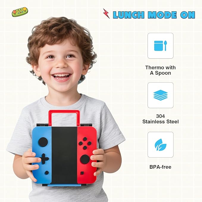 Game Lunch Box for Kids with Thermo, 9 OZ Stainless Food Jar & Insulated Lunch Bag, BPA-Free Kids Lunch Bento Box with Sauce Cup, Leakproof Lunch Box Set for Boys & Girs, School, Travel