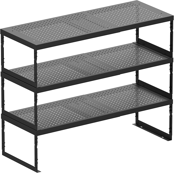 Stackable Expandable Metal Shelf Organizer - Adjustable Wire Storage Rack with Holes for Kitchen, Bathroom, Cabinet, Office - Space Saving, Durable & Sturdy Design(3PACKS/Medium/Black