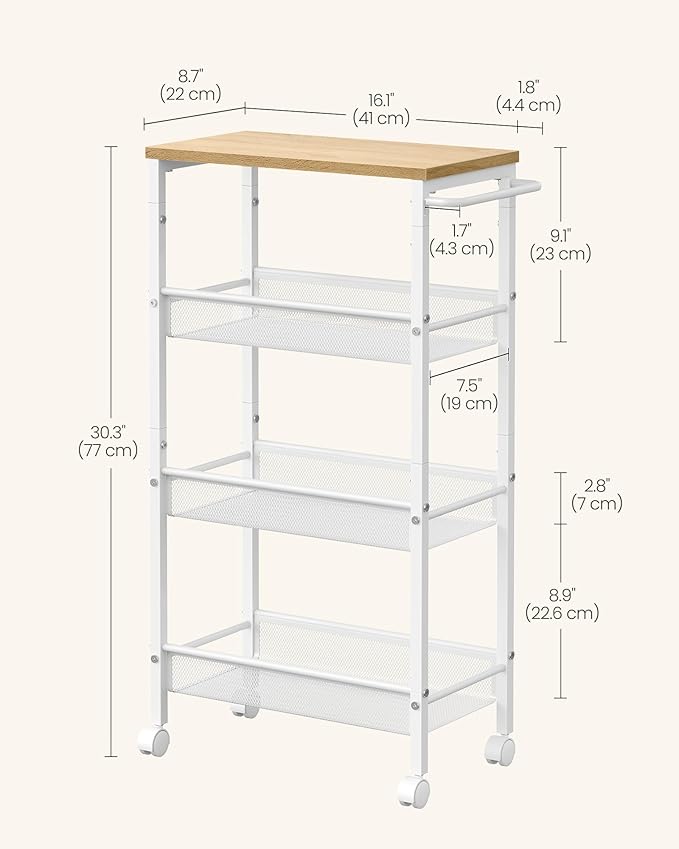 VASAGLE Slim Rolling Cart, 4-Tier Storage Cart, Narrow Cart with Handle, 8.7 Inches Deep, Metal Frame, for Kitchen, Dining Room, Living Room, Home Office, Oak Beige and Classic White ULRC033W09