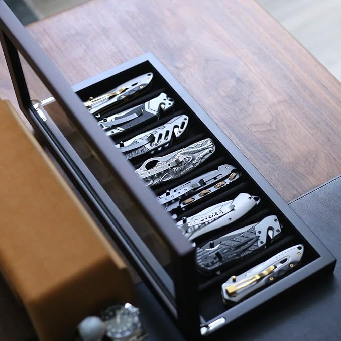 Knife Display Case Organizer storage 8 pocket knives, Folding Knife Holder with Real Glass Window Top, Pocket knife collection box for men gift (Ebony Veneer 8 slot)