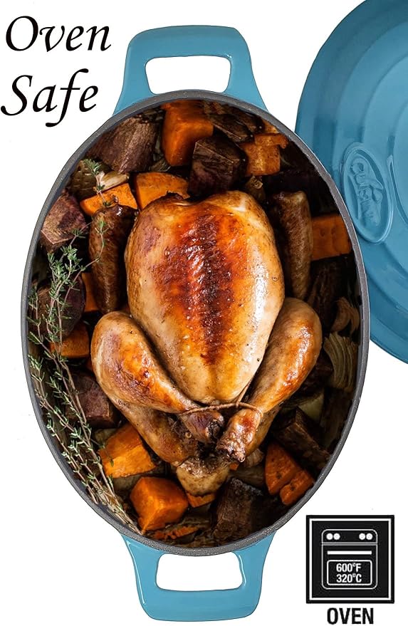 La Cuisine Enameled Cast Iron Oval Dutch Oven Casserole Pot with Lid 5 QT Internal Matte Black Enamel for bread baking, 2-ton Teal Enamel Coating Finish Exterior,Oven Safe up to 500Β° F