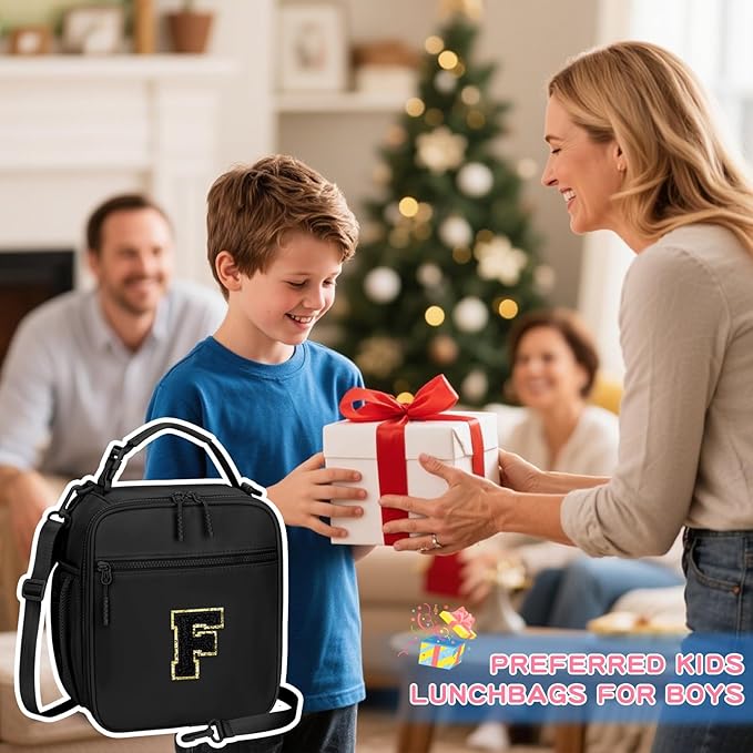 Initial Insulated Lunch Bag for Boys Kids, Back to School Gift, Reusable Leak-proof Lunch Box with Adjustable Strap for School Daycare Travel Picnic(Black,F)