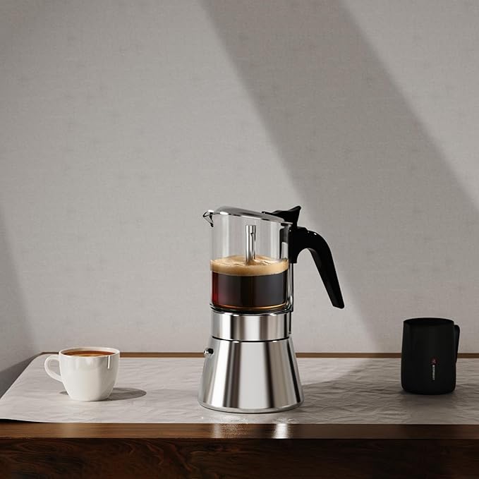 Stovetop Espresso Maker, Crystal Glass-top & Stainless Steel Espresso Moka Pot,Classic Italian coffee maker(360ml)