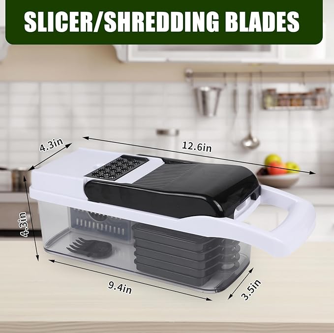 Multifunctional vegetable cutter 26 in 1 vegetable slicer, cucumber slicer, potatoes, tomatoes, zucchini, garlic, eggs, vegetable cutter with container and lid, salad cutter, dicing machine, shredder