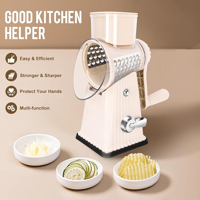 Rotary Cheese Grater with 5 Well-designed Blades & Strong Suction Base, Kitchen Mandoline Vegetable Slicer with Blade Storage Box(Off-white)