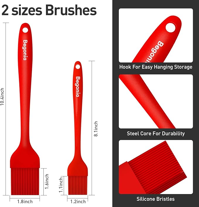 Begonia Silicone Basting Pastry Brush-2pcs Heat Resistant Cooking Brush for Oil, Sauce, Butter, BBQ, Grill and Marinade, BPA Free, Dishwasher Safe (Red)